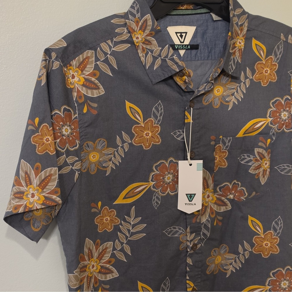 Vissla Men's Woven Cotton/Poly SS Button-Up Floral Pockets S Gray #270 - Picture 3 of 8